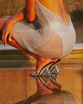 Çeşitli Şekiller Rhinestone Bezeme Garip Kama topuk Katır Slingback Peep Toe Kare Ayak İçi Boş Tasarım kadın ayakkabısı Görüntü 2