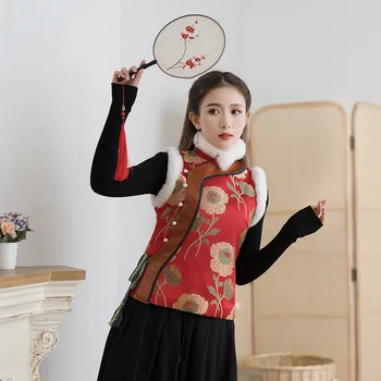 Çin Geleneksel Retro Giyim Kadın Vintage Yelek Tang Takım Elbise Qipao Üstleri Hanfu Cheongsam Kostümleri Yeni Yıl Kolsuz Ceketler