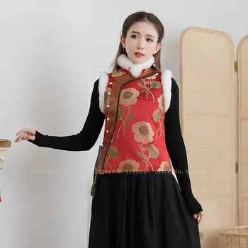 Çin Geleneksel Retro Giyim Kadın Vintage Yelek Tang Takım Elbise Qipao Üstleri Hanfu Cheongsam Kostümleri Yeni Yıl Kolsuz Ceketler Görüntü 2
