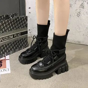 Çizmeler Kadın 2021 Yeni Bayanlar Rahat Streç Kumaş Çorap Çizmeler Moda Çapraz bağlı Kadın Ayakkabı Platformu Çizmeler Gotik Kadın
