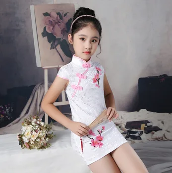 Çiçek Kız Prenses Düğün Nedime Çiçek Nakış Parti Elbise Bebek Kız Mezuniyet Topu Performans Çin cheongsam