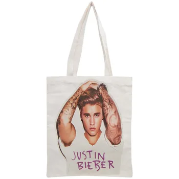 Özel Justin Bieber Tote Çanta Kullanımlık Çanta Kadın Omuz Katlanabilir Tuval Alışveriş Çantaları Özelleştirmek görüntü