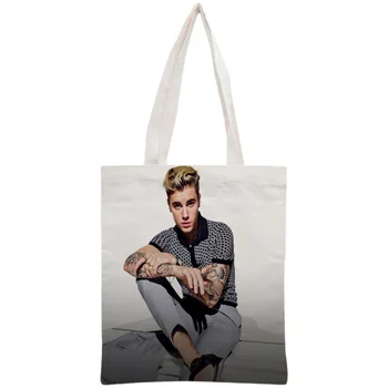 Özel Justin Bieber Tote Çanta Kullanımlık Çanta Kadın Omuz Katlanabilir Tuval Alışveriş Çantaları Özelleştirmek görüntü Görüntü 2