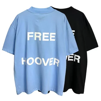 Ücretsiz Hoover V Boyun Mavi Siyah Rahat Kanye Tees Yüksek Sokak Kısa Kollu Büyük Boy Retro Erkek Tişörtleri Gevşek Harajuku pamuklu üst giyim