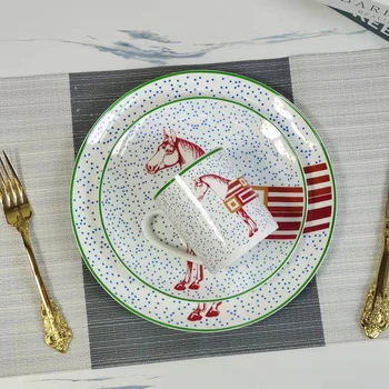 Üst Sınıf Seramik yemek tabakları Geometrik Desen Seramik Çanak servis örtüsü Sarı ızgara Yemek plaka seti servis tabağı