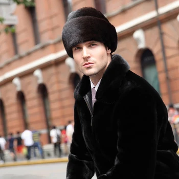 Şapka Kış Erkekler Gerçek Vizon Kürk Kap Erkek kışlık şapkalar Erkek Bere Siyah Kahverengi Rus Erkekler Sıcak örgü şapkalar Büyük Boy Görüntü 2