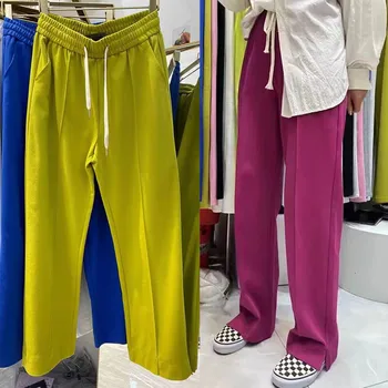 Şeker Renk Yan Yarık Geniş Bacak Pantolon Kadınlar İçin Bahar Yaz Rahat İpli Bel Gevşek Uzun Pantolon Bayan Geniş Bacak Pantolon Görüntü 2